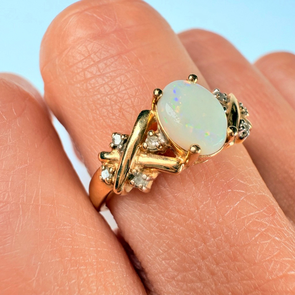 Estate Alwand Vahan 10K Solid Yellow Gold .50 CT Opal & Diamond Vintage Ring - Picture 8 of 11